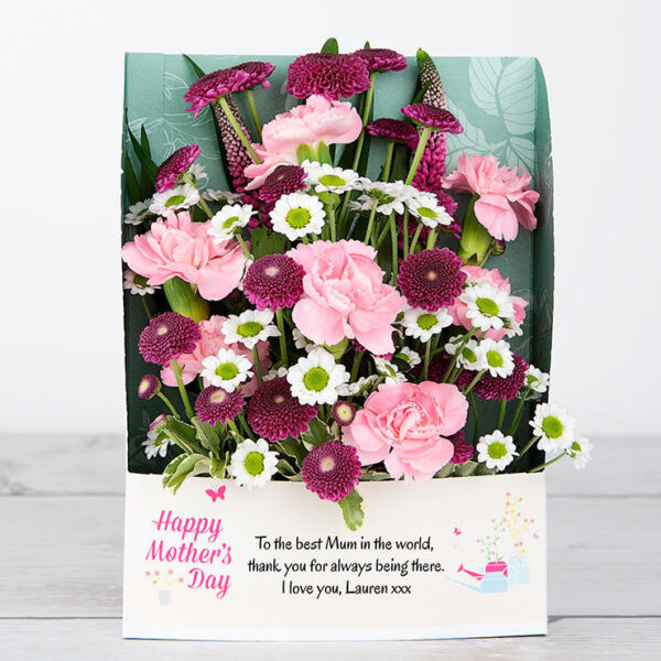 Mother's Day Flowercard with Spray Carnations, Veronica, Santini, Pittosporum and Chico Leaf