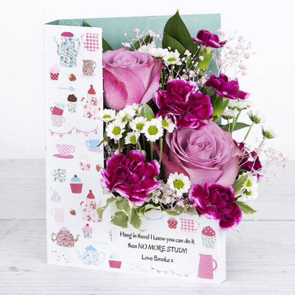 Personalised Flowercard with Dutch Roses, Santini Chrysanthemums, Gypsophila, Spray Carnations, Pittosporum and Ruscus Leaves