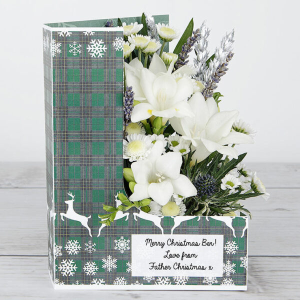 Snowy White Freesias in a Tartan Christmas Card